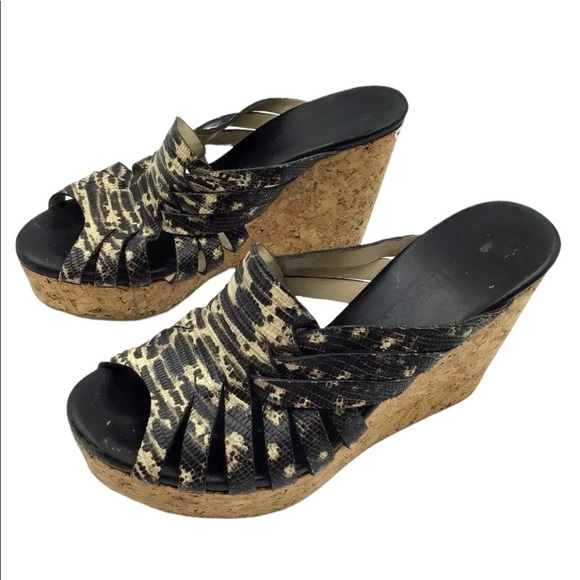 Jimmy Choo Women’s Snakeskin Embossed Leather and Cork Slide Wedge Sandals - Picture 9 of 16